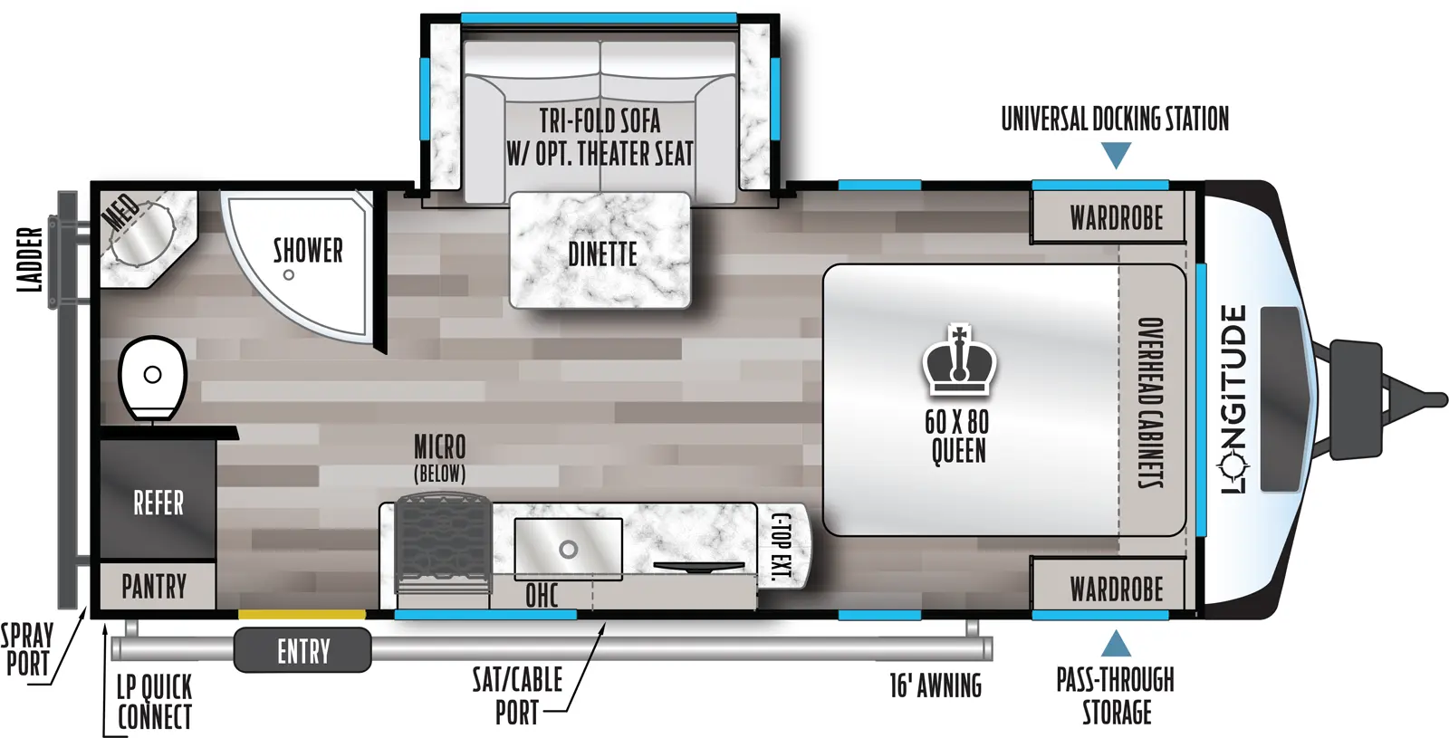 The 185RB has one slideout and one entry. Exterior features pass-thru storage, universal docking station, 16 foot awning, satellite/cable port, LP quick connect, rear spray port, and rear ladder. Interior layout front to back: foot-facing queen bed with overhead cabinets and wardrobes on each side; off-door side slideout with tri-fold sofa dinette with optional theater seat; door side countertop with extension, tv, sink, overhead cabinet, cooktop, air fryer below, and entry; rear off-door side full bathroom with medicine cabinet; rear door side pantry and refrigerator.